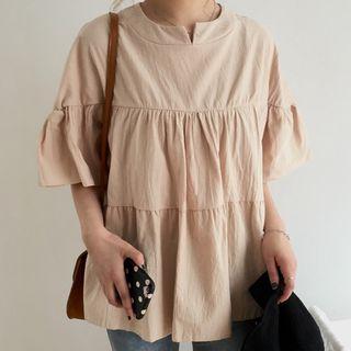 Elbow-sleeve Ruffle Linen Blouse