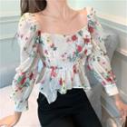 Long-sleeve Floral Print Smocked Top Floral - White - One Size