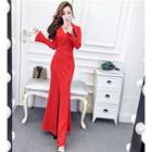 Long-sleeve Notch-lapel Maxi Wrap Dress