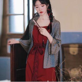 Spaghetti Strap A-line Dress / Flora Print Belt / Floral Print Jacket / Set