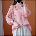 Long-sleeve Floral Loose-fit Blouse Pink - One Size