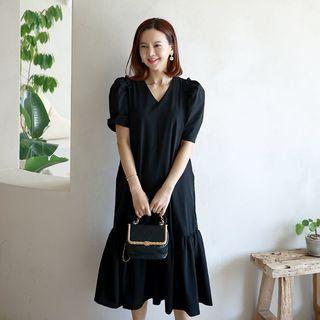 Puff-shoulder Ruffled Long Dress