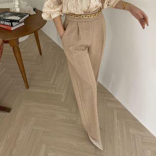 Herringbone Wide Dress Pants With Chain