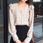 V-neck Dotted Print Ruffled Top Almond - One Size