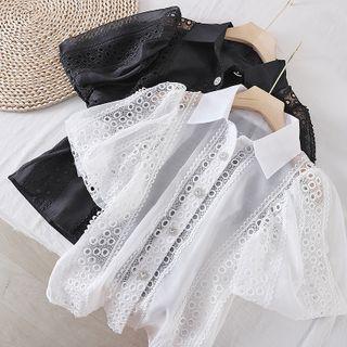 Cutout Lace Puff-sleeve Mesh Top
