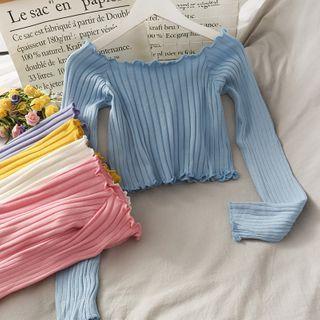 Boatneck Ruffled-edge Crop Knit Top In 8 Colors