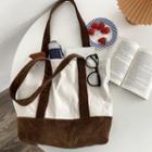 Two-tone Panel Corduroy Tote Bag Brown & Off-white - One Size
