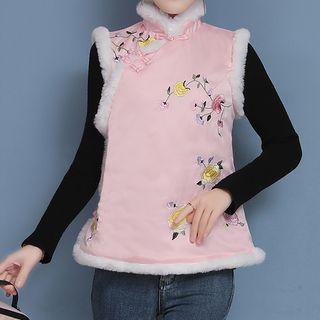 Floral Embroidered Fluffy Trim Padded Vest