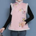 Floral Embroidered Fluffy Trim Padded Vest