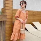 Plaid Elbow-sleeve Buttoned Dress With Cord