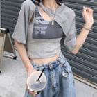 Elbow-sleeve Shrug / Print Tank Top