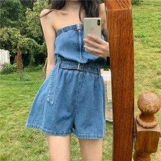 Strapless Belted Denim Romper Denim Blue - One Size