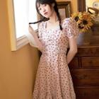 Heart Print Puff-sleeve A-line Dress