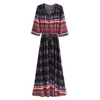 Long-sleeve Print Button-up Maxi Dress