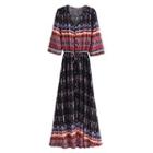 Long-sleeve Print Button-up Maxi Dress