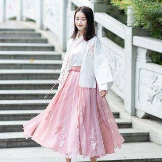 Flower Embroidered Long-sleeve Wrap Top / A-line Midi Skirt / Jacket / Set