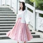 Flower Embroidered Long-sleeve Wrap Top / A-line Midi Skirt / Jacket / Set