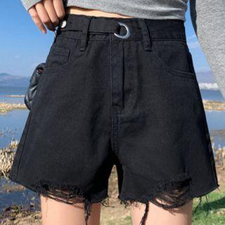 Belted Ripped Wide Leg Denim Shorts
