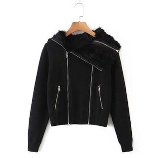 Faux Fur Collar Double Zip Knit Jacket