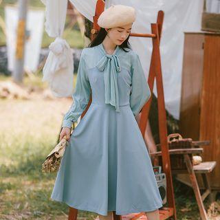 Knit Panel Long-sleeve Tie-neck Dress
