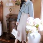 Set: Long-sleeve Lace Trim Blouse + High Waist Pencil Skirt