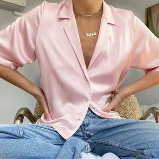 Notch Lapel Elbow-sleeve Satin Shirt