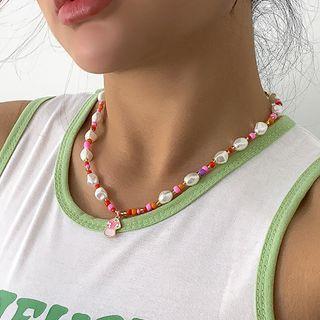 Mushroom Glaze Pendant Faux Pearl Necklace Gold - One Size