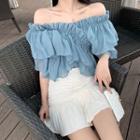 Ruffle Off-shoulder Chiffon Blouse Blue - One Size