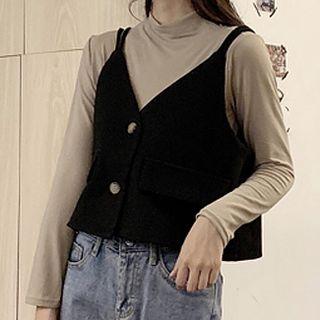 Mock Neck Long-sleeve T-shirt / Knit Vest