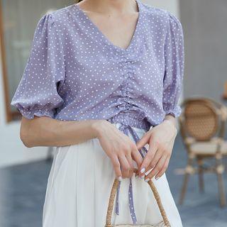 Dotted Short-sleeve Shirred Cropped Blouse