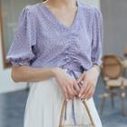 Dotted Short-sleeve Shirred Cropped Blouse