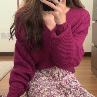 Puff-sleeve Floral Print Midi A-line Dress / Sweater