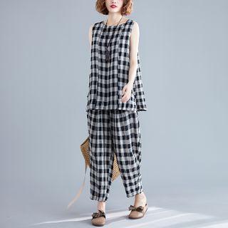 Set: Gingham Sleeveless Top + Harem Pants