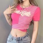 Short-sleeve Striped Lettering Crop Top