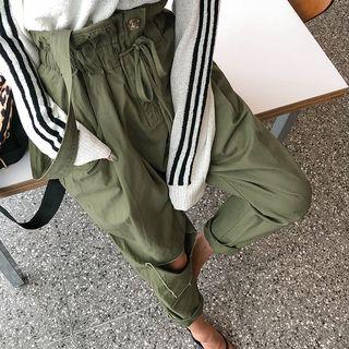 Slashed Baggy-fit Suspender Pants Khaki - One Size