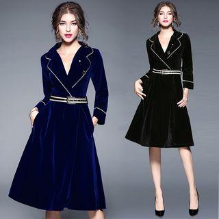 Notch Lapel Contrast Trim 3/4 Sleeve Dress