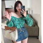 Long-sleeve Off-shoulder Print Blouse