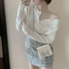 Perforated Cardigan / Tweed Mini Skirt