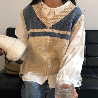 Two Tone Knit Vest / Plain Shirt