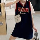 Set: Short-sleeve T-shirt + Sleeveless Contrast Trim Letter Mini Dress