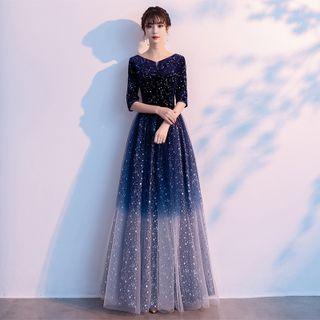 Elbow-sleeve Glittered Mesh Evening Gown