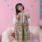 Cat Embroidered Collared Plaid Panel Long Sleeve Dress