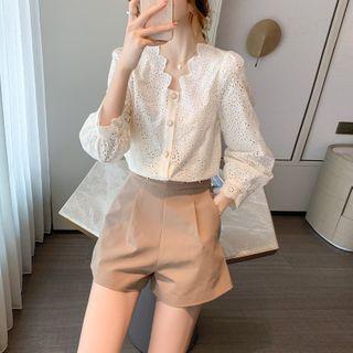 V-neck Eyelet Lace Embroidered Shirt