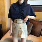 Plain Frilled Short-sleeve Top/plain Double-breasted Skirt
