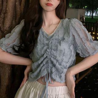 Short-sleeve Drawstring Ruffled Chiffon Top