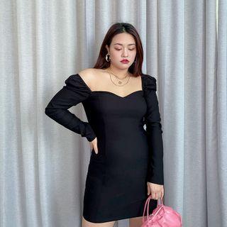 Long-sleeve Square-neck Crop Top / Mini Bodycon Dress