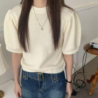 Puff-sleeve Round Neck Plain Slim Fit Knit Top
