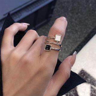Square Glaze Alloy Open Ring 699 - Black & White - One Size