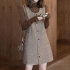 Long-sleeve Mock-neck T-shirt / Plaid Pinafore Dress / Set