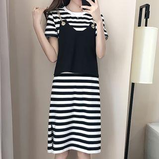 Set: Striped Short Sleeve T-shirt Dress + Chain Strap Camisole Top